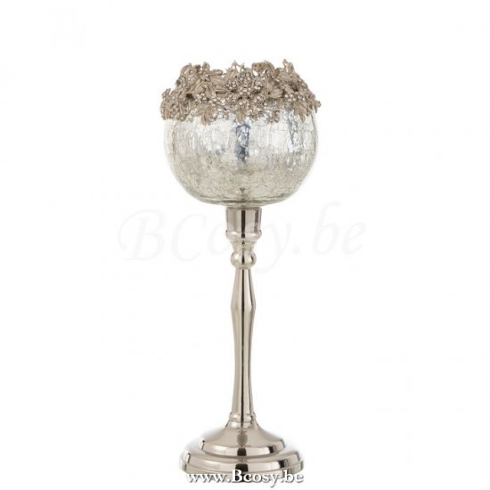 J Line 7785 Theelichthouder Op Voet Juweel Metaal Aluminium Glas Zilver Large 33H T theelichten theelichthouders