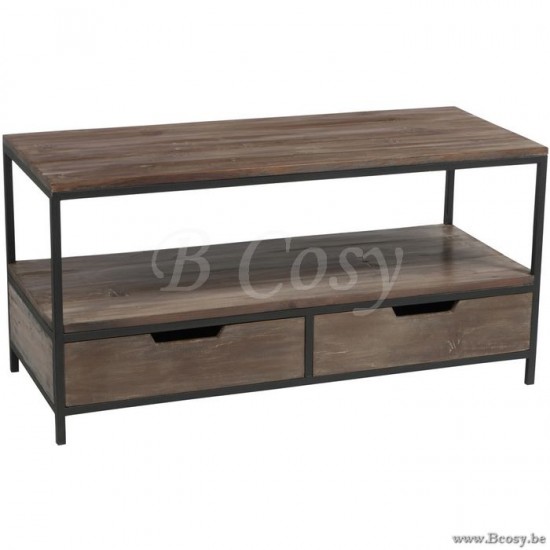 Jline Table basse rectangulaire bois et métal 2 tiroirs industrielle