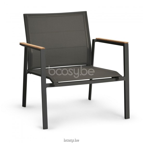 Diphano Selecta Stackable lounge chair with teak arms Aluminium Lava Frame single layer Batyline Cafe Fabric Armrests in Natu.