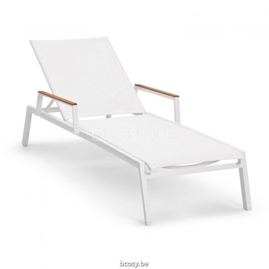 Diphano Selecta Chaise longue empilable à roulettes avec accoudoir en teck Cadre Aluminium blanc Tissu Couche unique Batyline.