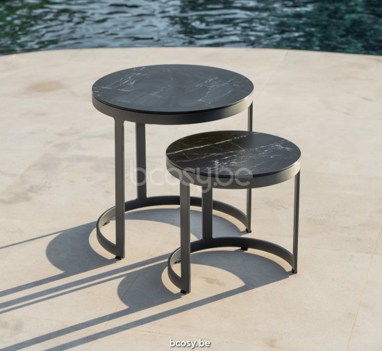 Jati Kebon Bertus Beistelltisch-Set Aluminium anthrazit matt Tischplatte Keramik Black marble.