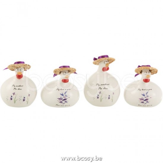 J Line Jline Chicken Quotes Hat Ceramic White Purple Small Assortment Of 4 chicken roosters