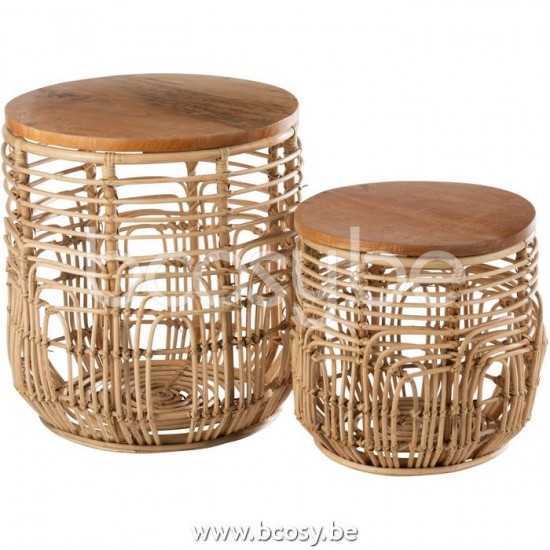 J Line 20775 Set Van 2 Bijzettafels Ellen Rotan Naturel L48xB48xH50 cm salontafels bijzettafels koffietafels