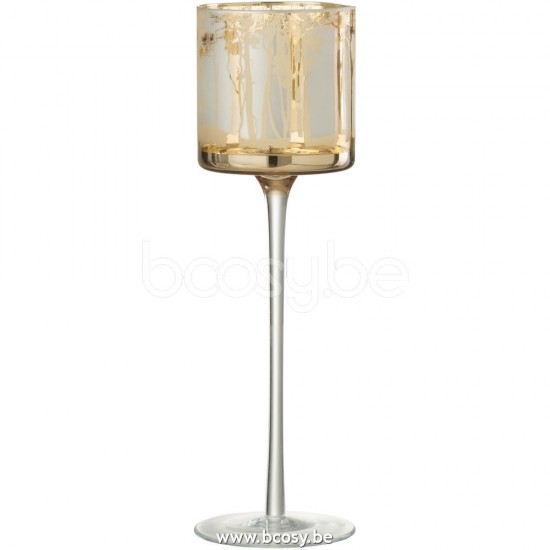 J Line 26363 Theelicht Houder Op Voet Bomen Glas Goud Large L9xB9xH30 cm T theelichten theelichthouders