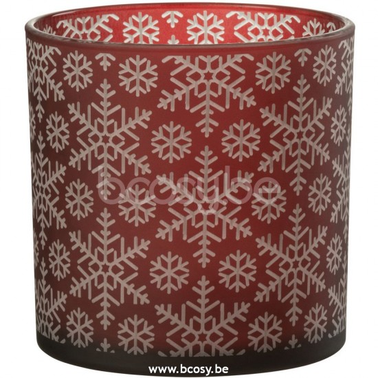 J Line 26370 Windlicht Sneeuw Glas Rood Large L15xB15xH15 cm T theelichten theelichthouders