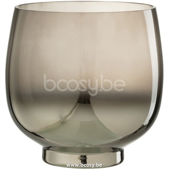 J Line 26383 Windlicht Rond Glas Smoke Grijs Zilver Large L18xB18xH18 cm T theelichten theelichthouders