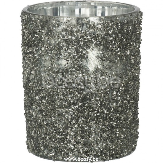 J Line 27146 T Lichthouder Glitter Glas Smokey Grijs Large L10xB10xH12 cm T theelichten theelichthouders