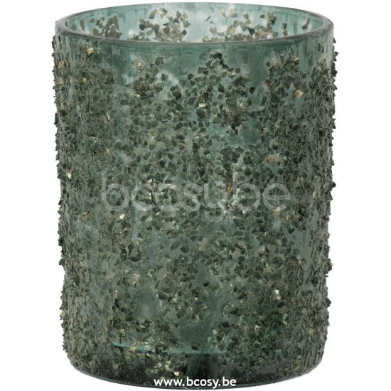 J Line 27164 T Lichthouder Fijne Steentjes Glas Grijs Groen Large L9xB9xH10 cm T theelichten theelichthouders