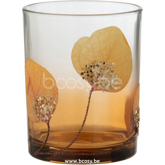 J Line 27732 T Lichthouder Gedroogd Blad Oker Glitter Medium L10xB10xH12 cm T theelichten theelichthouders