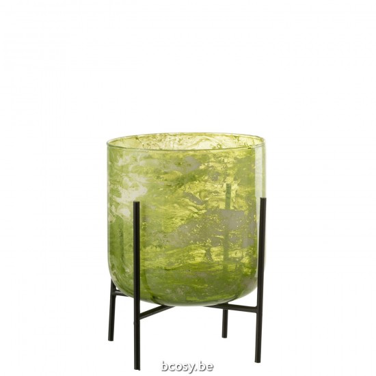 J Line Windlicht Staand Glas Ijzer Marmer Groen Large L18xB18xH20 cm windlichten JO31951.