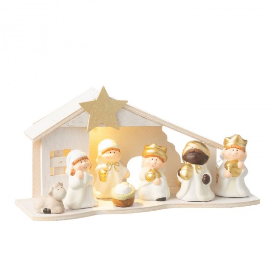 J Line Presepio Led Porcellana Bianco Oro Large Creche Led De Porcelana Blanco Oro Grande.
