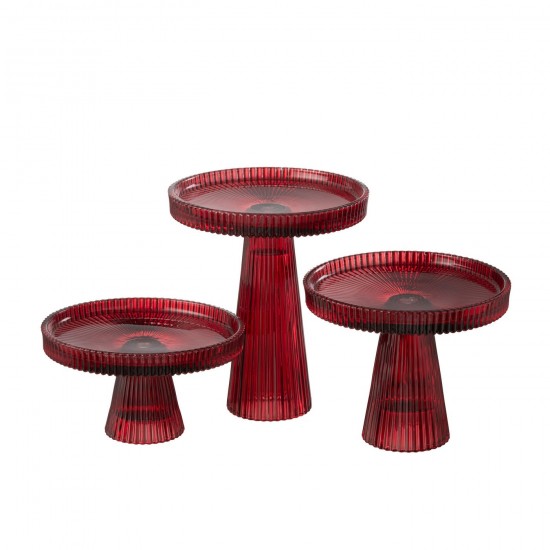 J Line Set Of 3 Cake Plates Nelly Glass Cherry Red cake trays dishes stands.