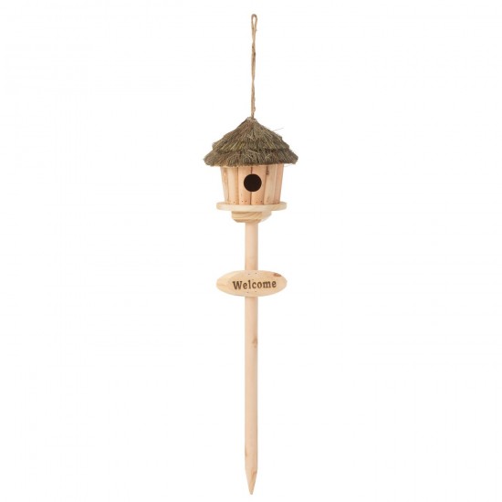 J Line Birdhouse On Stand Welcome Wood Dried Grass Natural birdhouses birdcages.