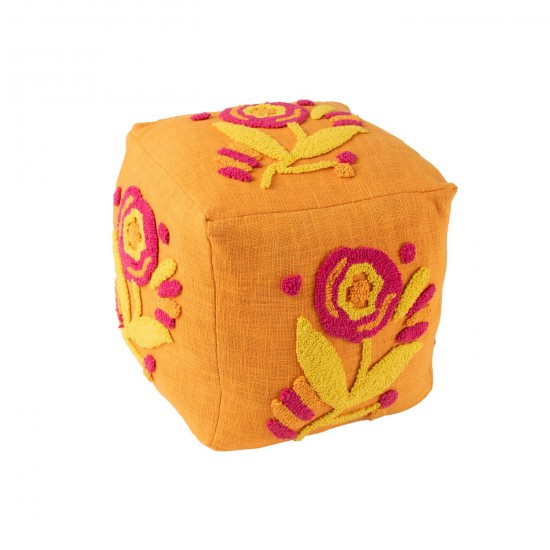 J Line Pouf Quadrato Fiore Cotone Arancione Rosa Giallo Puf Cuadrado Flores Algodón Naranja Rosa Amarillo.