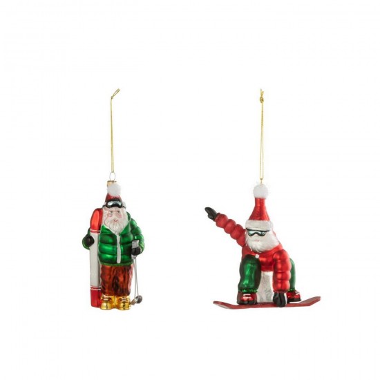 J Line Hanger Santa Ski Snowboard Glass Christmas Red Dark Green Assortment Of 2 pendants.