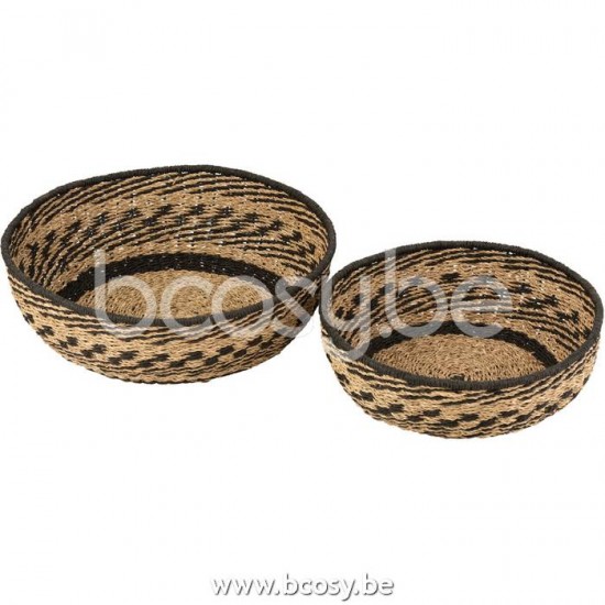 J Line 20177 Set Van 2 Mand Laag Zeegras Naturel Zwart L46xB46xH14 cm korf korven manden opbergmanden