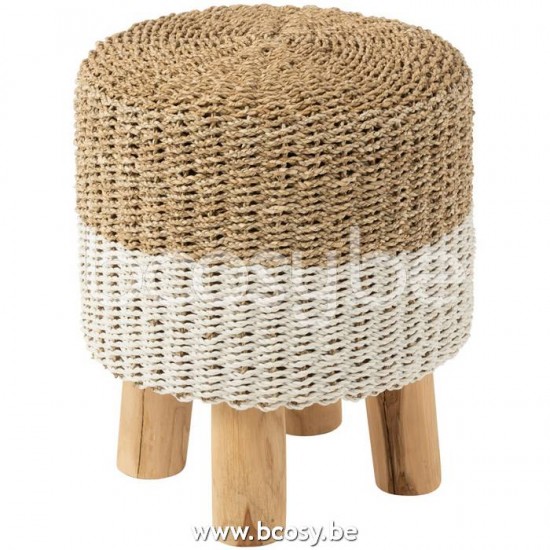 J Line 20749 Krukje Rond Zeegras Wit Naturel L45xB45xH52 cm landelijke krukjes krukken taboeretten tabouretten