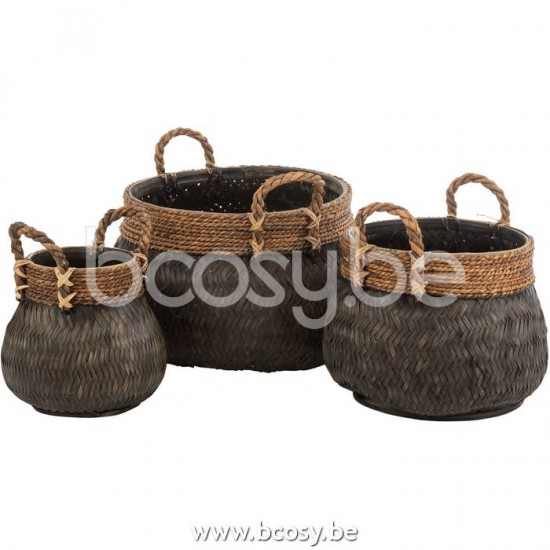 J Line Jline Set Of 3 Baskets Handle Ball Bamboo Rope Black Set Of 3 Baskets Handle Ball Bamboo Rope Black