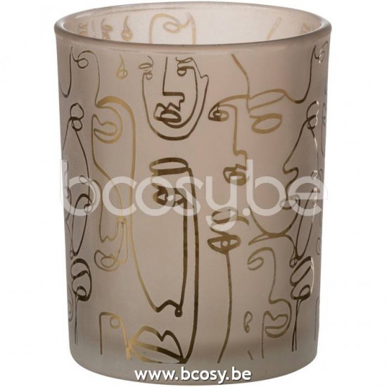 J Line Jline Portacandele Happy Faces Vetro Beige Medium Fotosforo Happy Faces Cristal Beige Medium