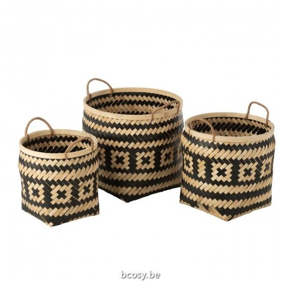J Line Set Of 3 Basket Patterns Handles Bamboo Natural Black baskets.