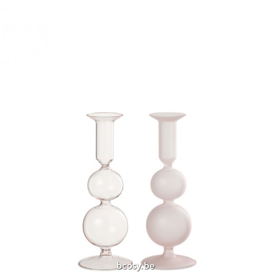 J Line Kaarshouder 2 Ballen Mat Transparant Glas Licht Roze L8xB8xH21 cm kaarshouders kaarsenhouders kandelaars JO33372.