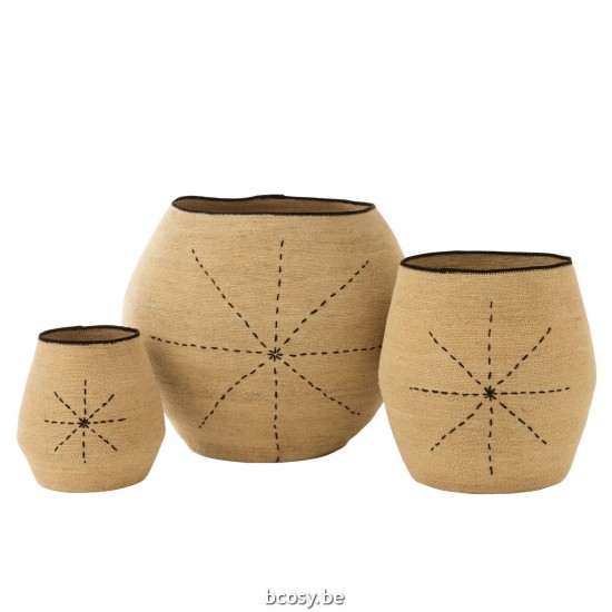 J Line paniers de rangement Jolipa Set 3 Paniers Etoile Pointilles Lignes Jonc De Mer Naturel Noir.