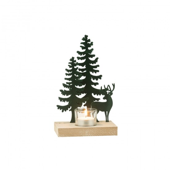 J Line Portacandela 1 Pezzo Cervo Abeti Metallo Legno Verde Scuro Fotosforo 1 Pieza Reno Árbol Metal Madera Verde Oscuro.