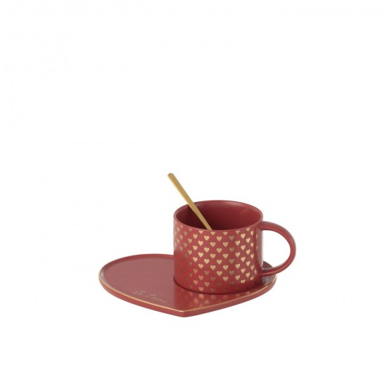 J Line Tazza Piattino Cucchiaio Cuore Ceramica Rosso Taza Platillo Cuch Cor Cerámica Ro.