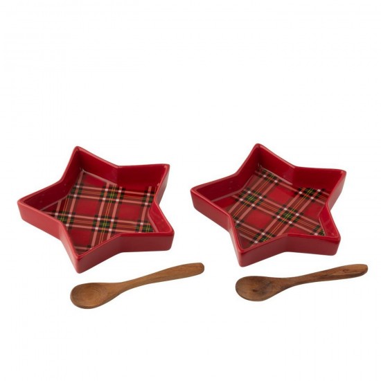 Jline Caja De 2 Plato Plaid Estrella Cerámica Rojo.