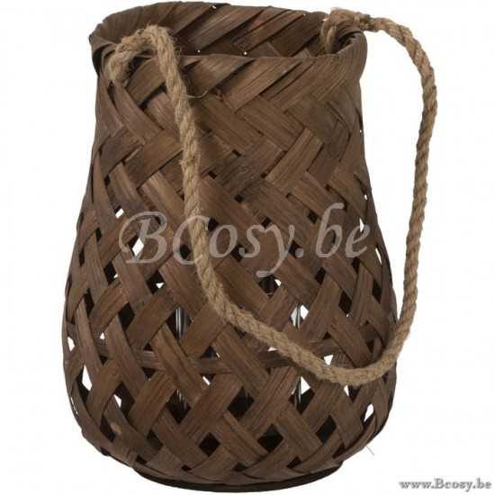 J Line Jline Laterne Geflochten Rund Bambus Glas Dunkel Braun Small lanternen