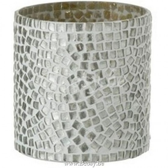 J Line Jline Portacandele Mosaico Vetro Bianco Argento Small Fotosforo Mosaicos Cristal Blanco Plata Small