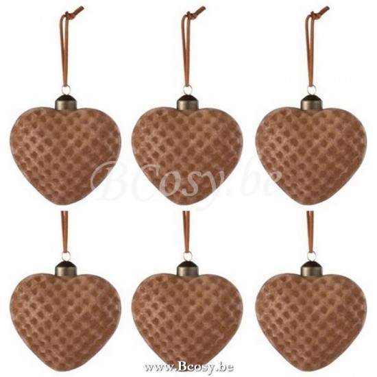 J Line Jline Box Of 6 Christmas Baubles Heart Velvet Glass Brown Small weihnachtskugeln christbaumkugeln