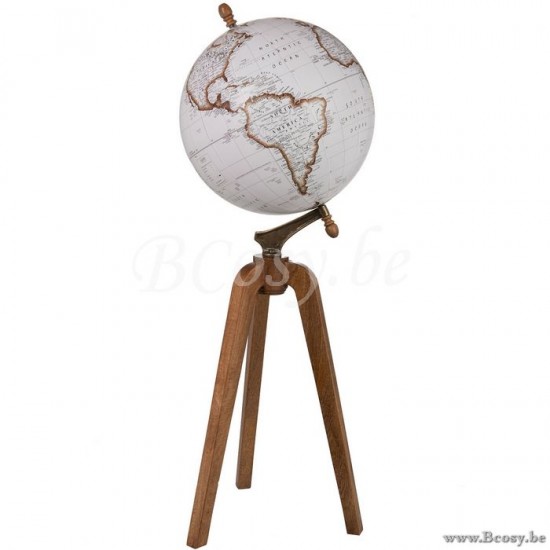 Jline Globo Terrestre De Pie Madera Blanco Natural Extra Large