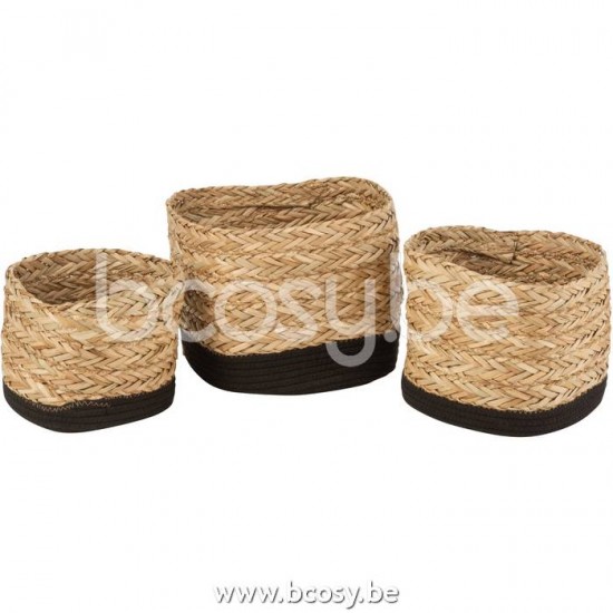 J Line Jline Cesto Quadrato Erba Cotone Naturale Nero Small Set Of 3 Baskets Square Grass Cotton Natural Black