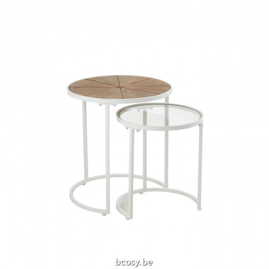 J Line Set 2 Tavolini Lounge Metallo Legno Bianco Naturale Set Of 2 Sidetables Lounge Metal Wood White Natural.