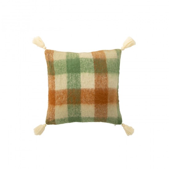 J Line Cuscino Quadretti Nappe Acrilico Bianco Verde Marrone Cojín Cuadros Borlas Acrílico Blanco Verde Marrón.