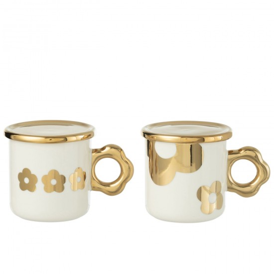 Jline Taza Platillo Flor Cerámica Blanco Oro Surtido De 2.