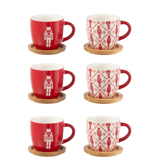 Jline Caja De 6 Taza Cafe Plato Bambu Cascanueces Ceramica Rojo.