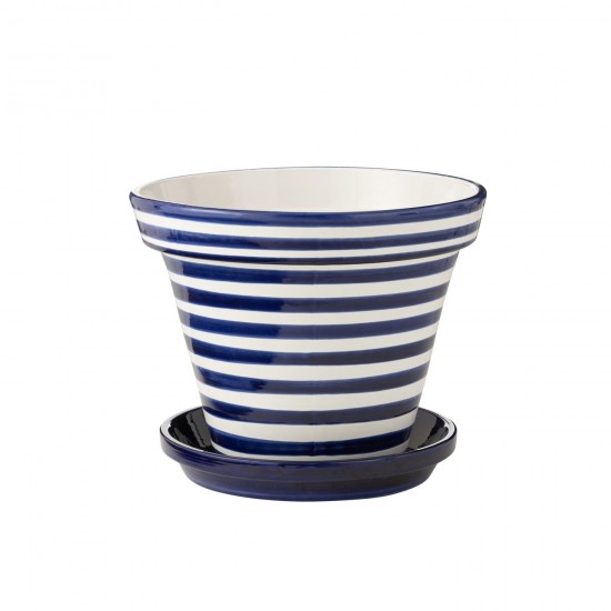 Jline Flowerpot Plate Granada Stripes Handmade Painted Ceramic Cobalto Blue Extra Large.