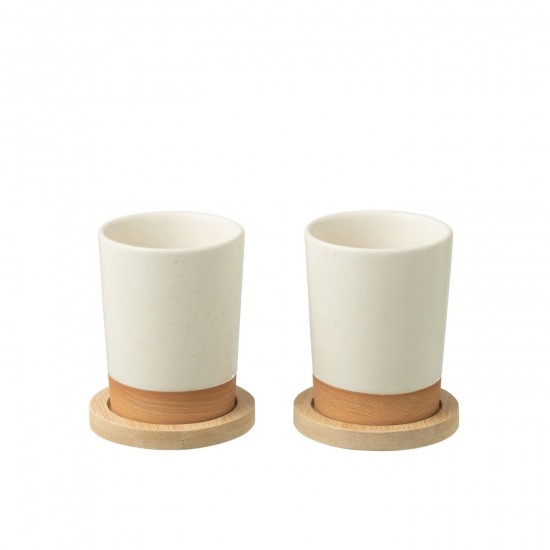 Jline Caja De 2 Tazas Base Bambú Cerámica Blancas Naturales.