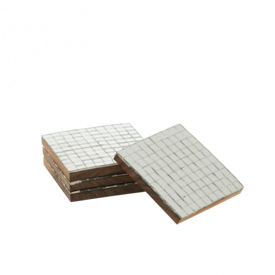 Jline Caja De 4 Posavasos Mosaico Madera De Acacia Plata.