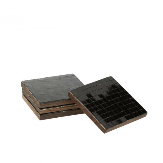 Jline Caja De 4 Posavasos Mosaico Madera De Acacia Negro.