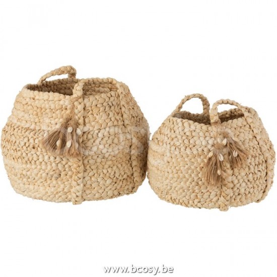 J Line Jline Set 2 Cesti Intrecciati Nappe Iuta Mais Naturale Chiaro Set De 2 Cestas Trenzado Borlas Yute Maiz Claro Natural