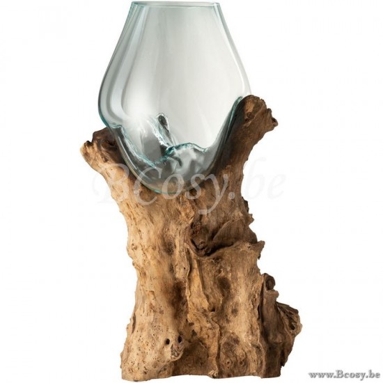 J Line Jline Vaso Piede Gamal Legno Vetro Riciclato Naturale Extra Extra Large Jarrón De Pie Gamal Madera Vidrio Reciclado Natural Transparente Extra Extra Large