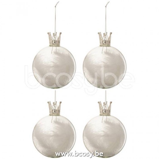 J Line Jline Scatola 4 Palline Di Natale Corona Piume Bianco Vetro Trasparente Medium Caja De 4 Bolas De Navidad Corona Pluma Blanco Cristal Claro Medium