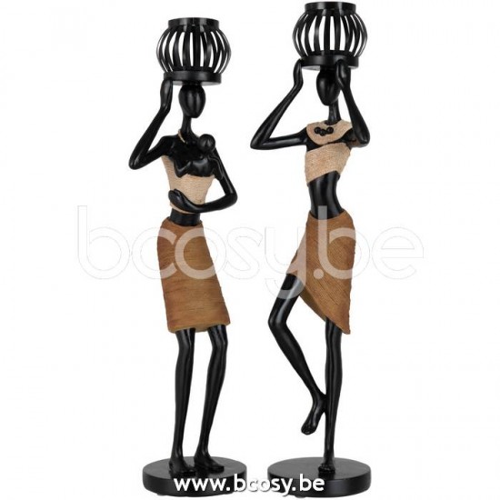 J Line 21568 Theelichthouder Op Hoofd Van Figuur Etnisch Poly Bruin L14xB11xH48 cm vrouwen