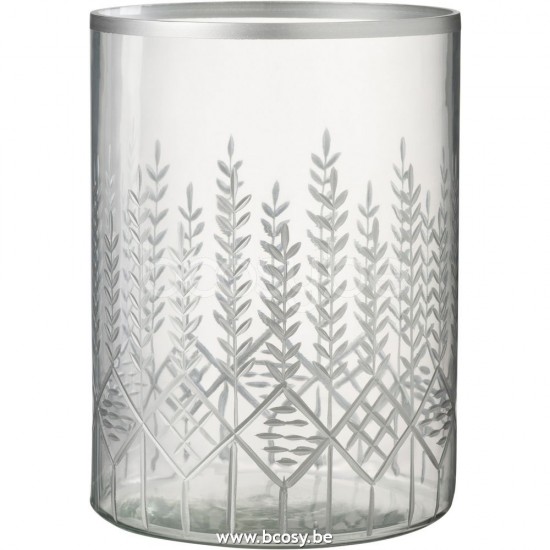 J Line 26322 Windlicht Chloe Glas Transparant Zilver Large L19xB19xH26 cm T theelichten theelichthouders