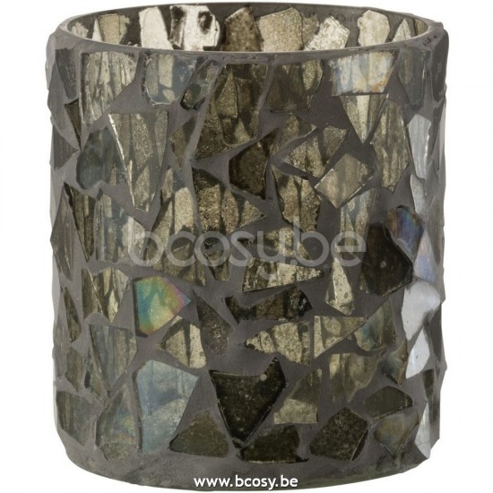 J Line 26622 Theelicht Houder Mozaiek Glas Grijs Groen Small L8xB8xH9 cm T theelichten theelichthouders