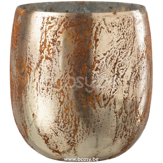 J Line 26646 Windlicht Glas Bruin Goud Medium L15xB15xH16 cm T theelichten theelichthouders
