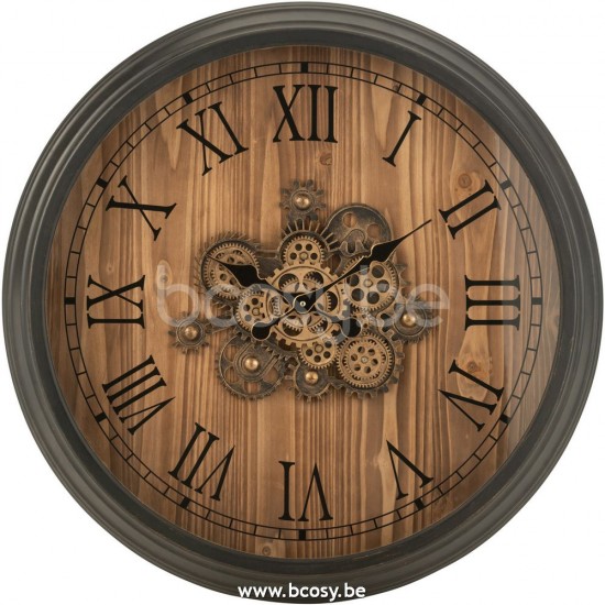 J Line 27358 Klok Rond Romeinse Cijfers Tandwielen Metaal Zwart Large L82xB9xH82 cm klokken wandklokken muurklokken